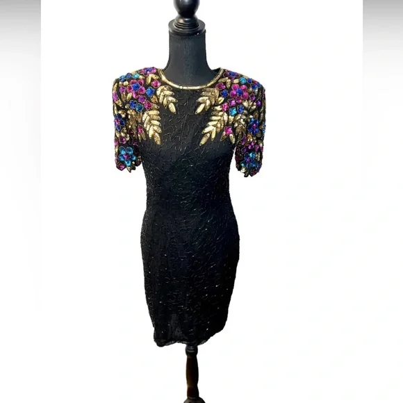 stenay cocktail dress Stenay black silk beaded dress with blue and gold 80s vintage cocktail dress  6P